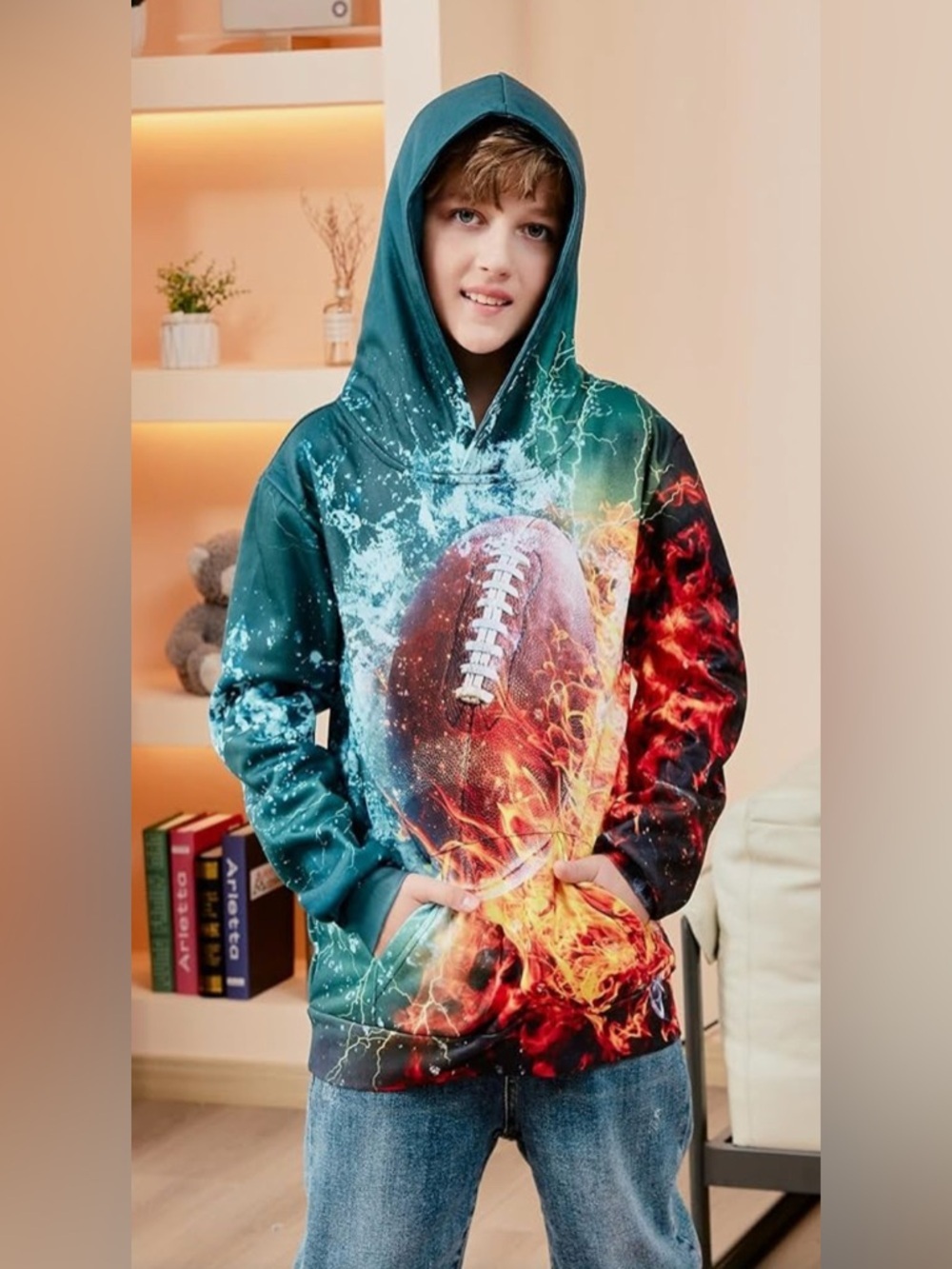 New-XL Boys Graphic Football Hoodie - Teal, Red & Black